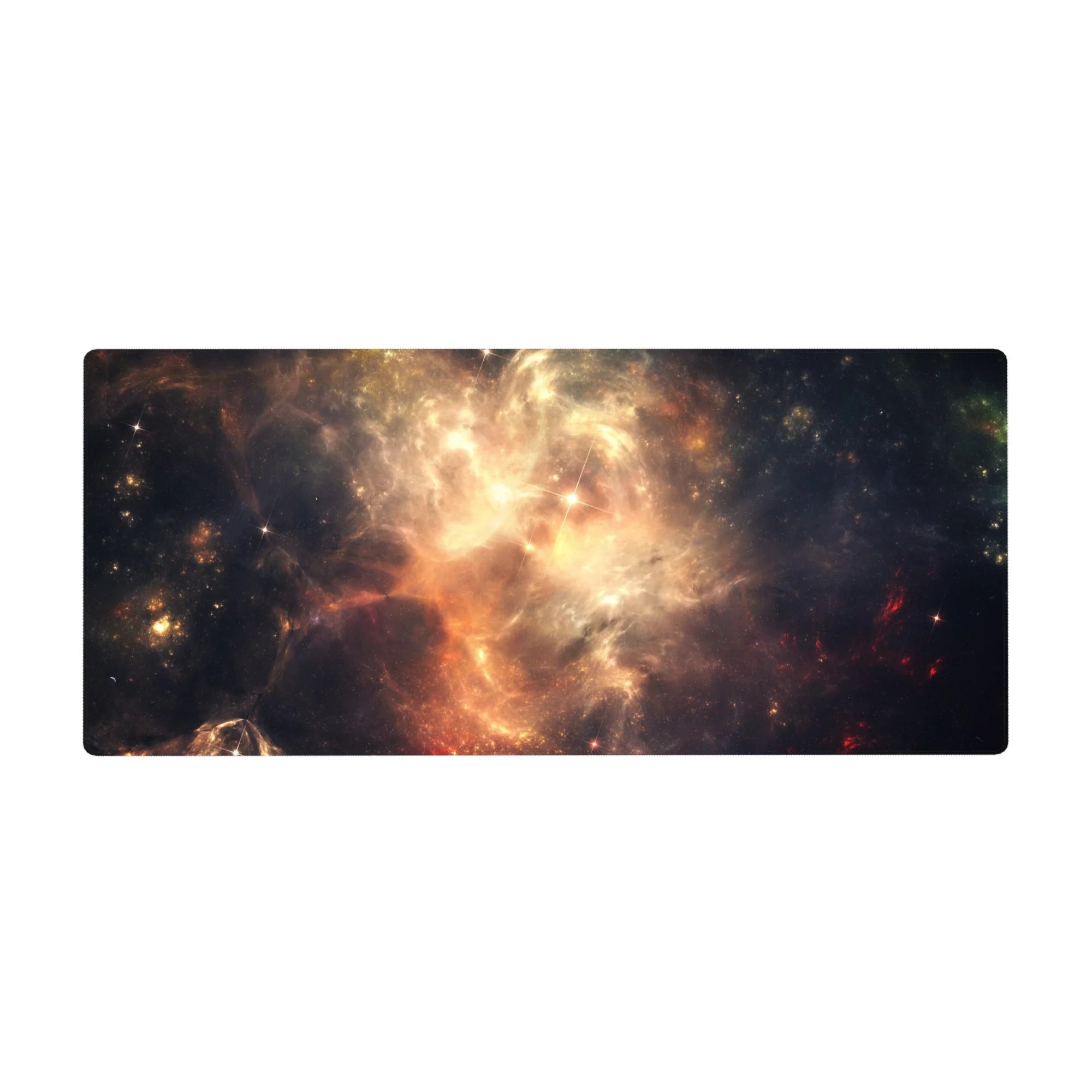Nebula galaxy desk pad 36x16 inches with swirling clouds, starbursts, and a dreamy space pattern.