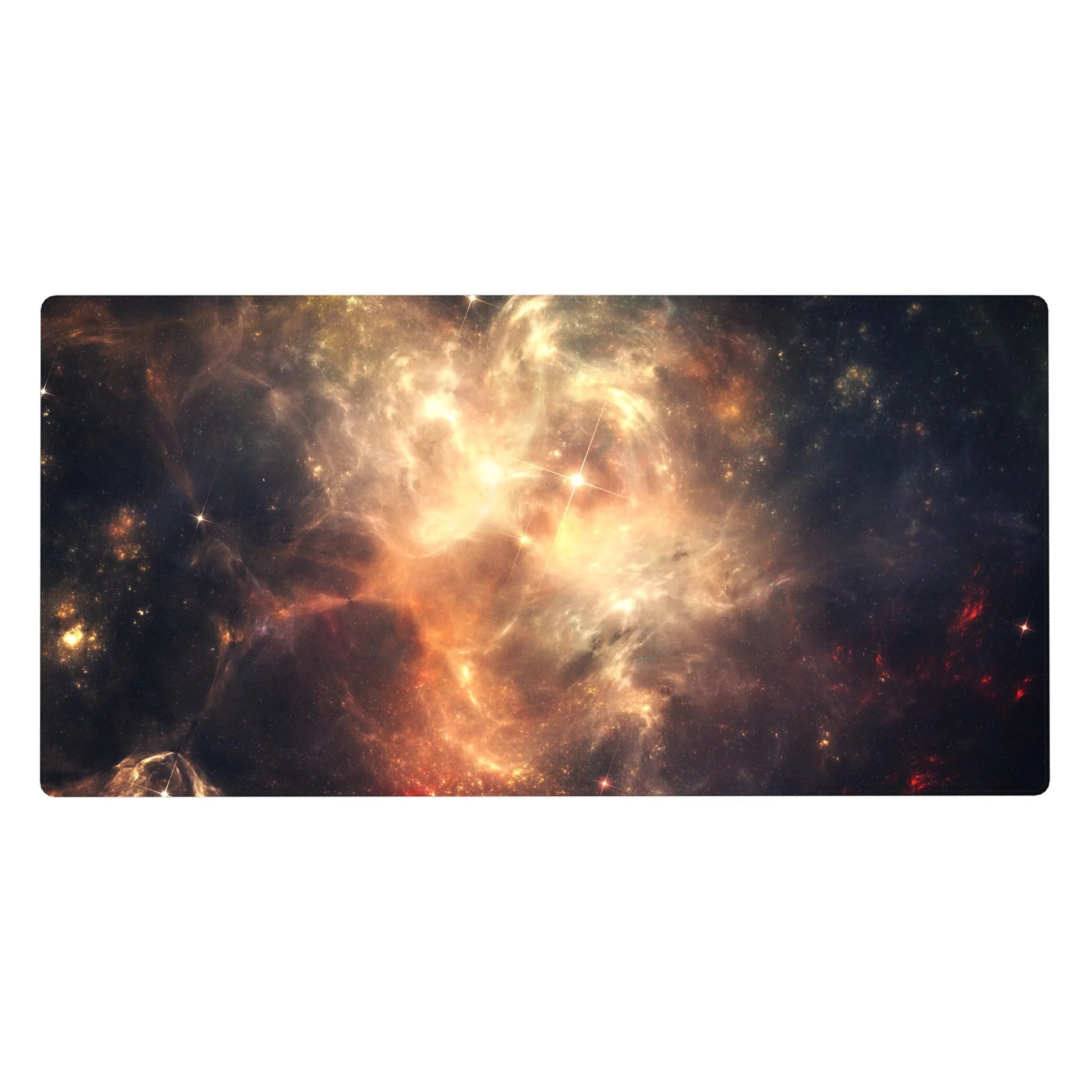 Nebula galaxy desk pad 40x20 inches with swirling clouds and scattered starbursts for gaming and work.