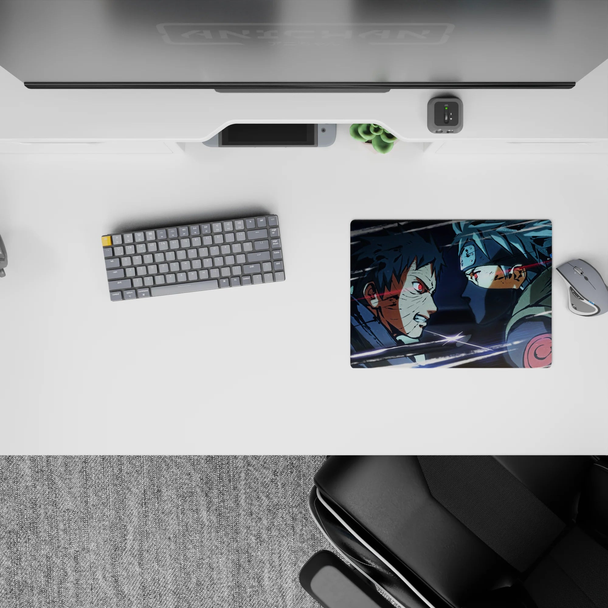 Icy blue and smoky gray anime mouse pad 14x10 inches with sharp white streaks and dramatic glow.