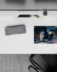 Icy blue and smoky gray anime mouse pad 14x10 inches with sharp white streaks and dramatic glow.