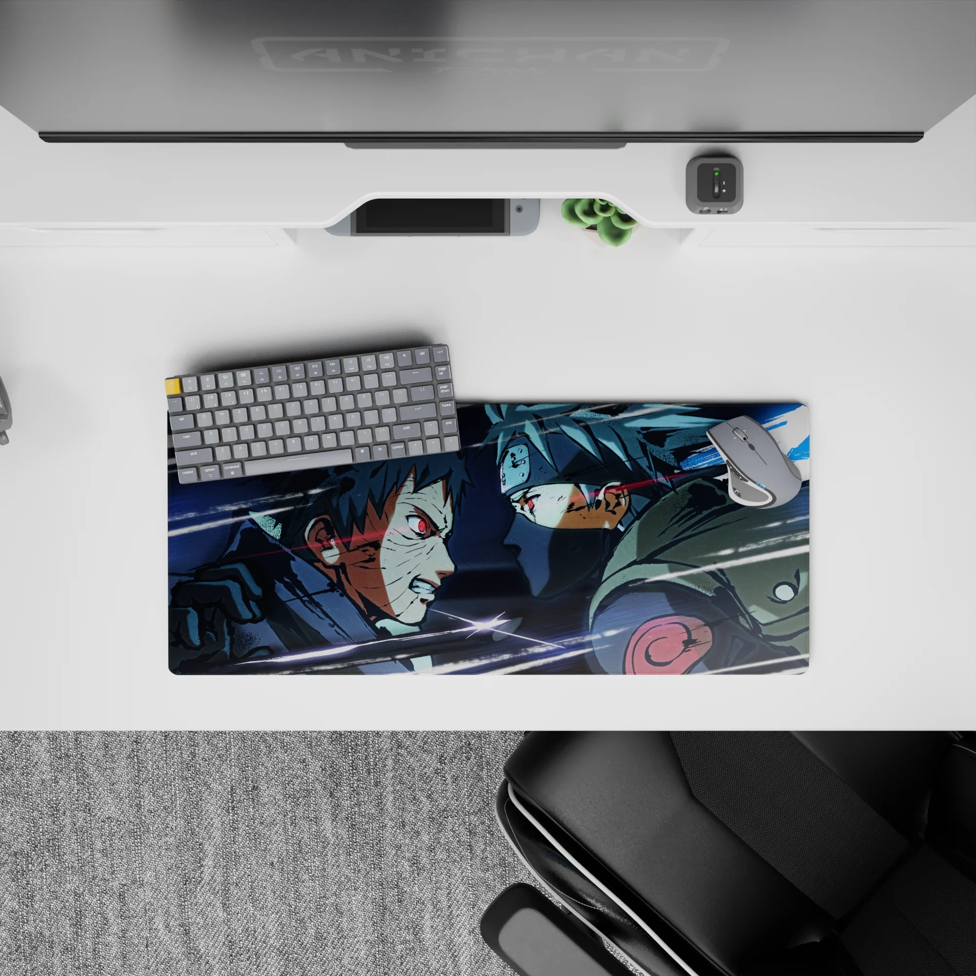 28x12 inches anime mouse pad in icy blues and smoky grays with sharp white streaks, intense vibe.