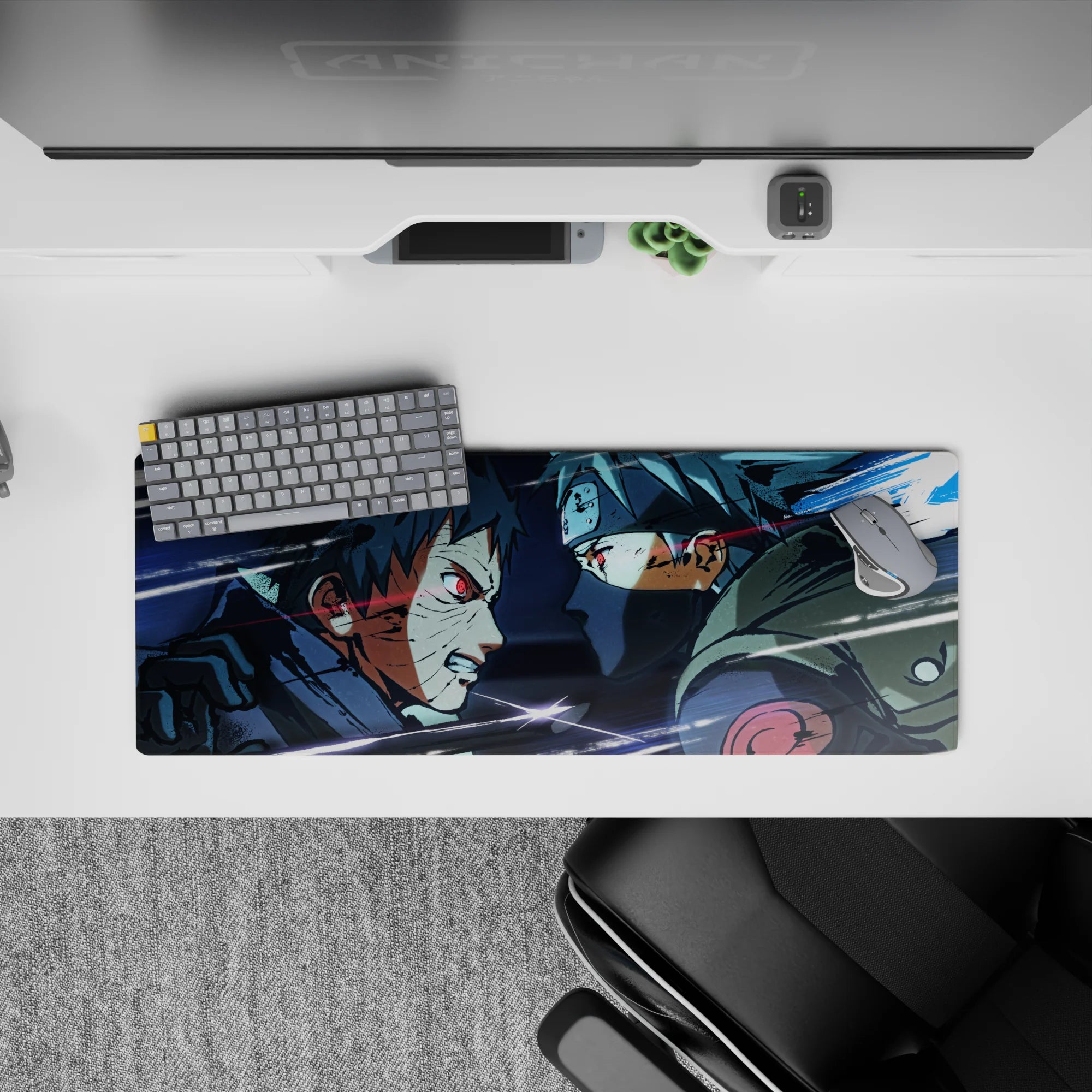 32x12 inches anime mouse pad in icy blues, smoky grays, and sharp white streaks for a dramatic mood.