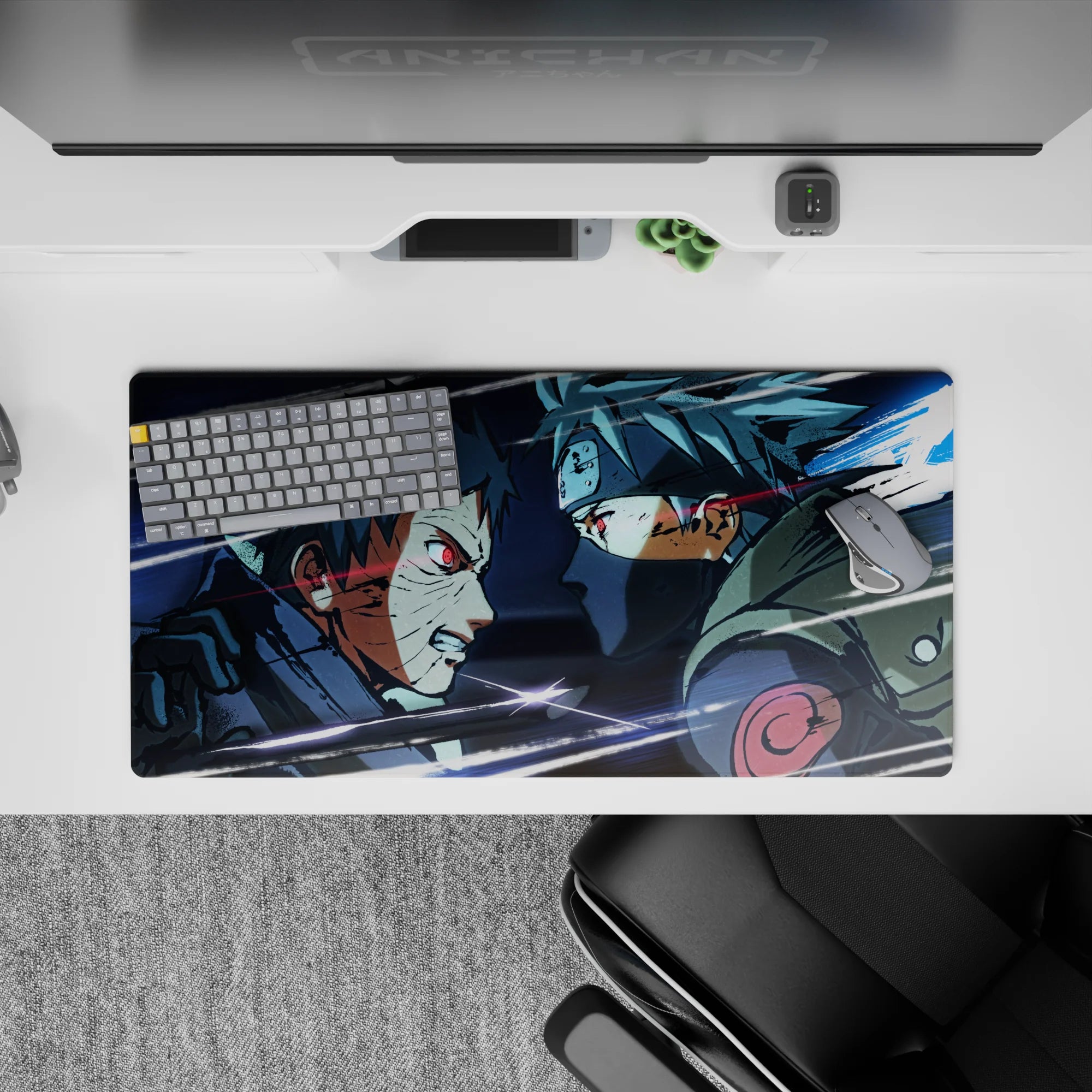32x16 inches anime mouse pad in icy blues and smoky grays with dramatic, late-night battle vibe.