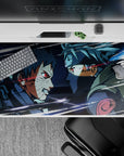 40x20 inches anime desk pad in icy blues and smoky grays with sharp white streaks, intense vibe.