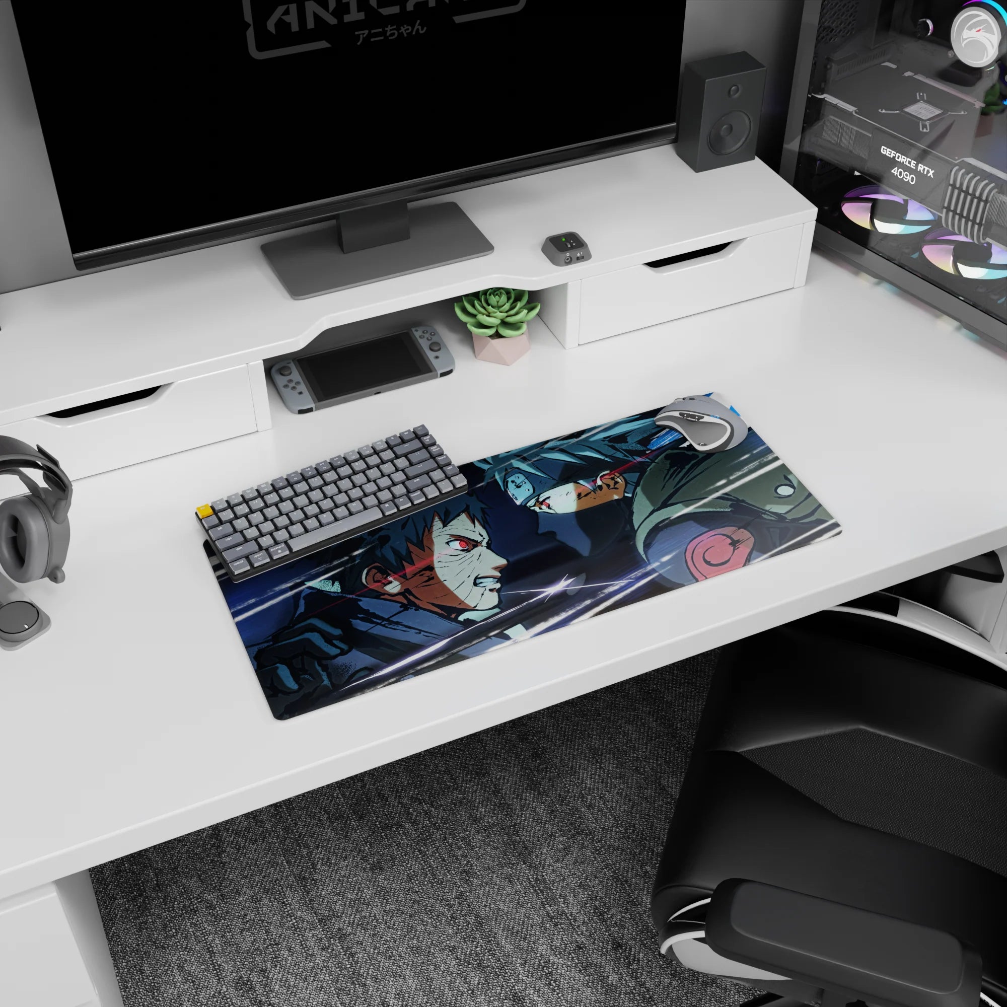 Naruto Shippuden 28x12 inches mouse pad showing Obito Uchiha vs Kakashi Hatake, Sharingan glowing.
