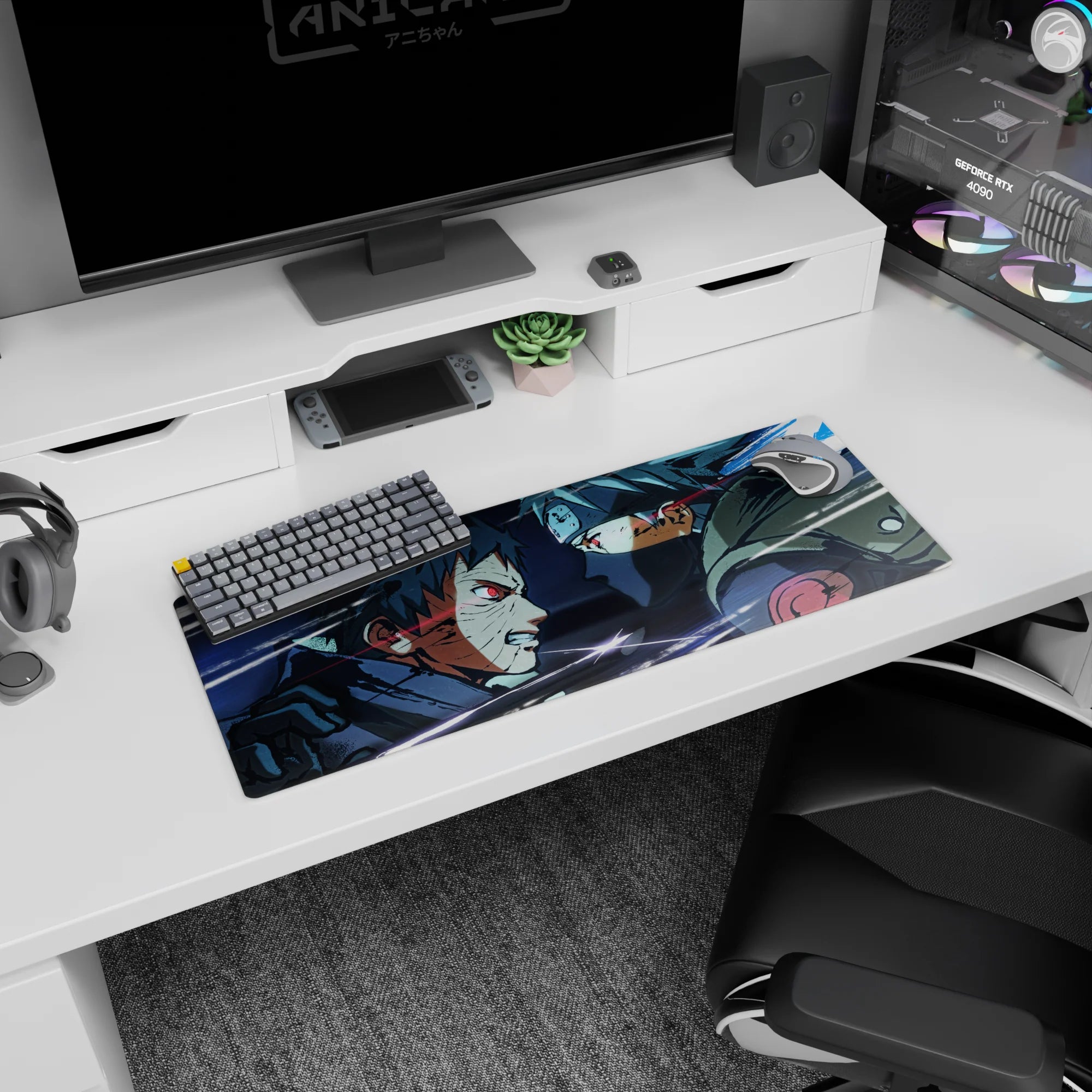 32x12 inches Naruto Shippuden mouse pad showing Obito Uchiha vs Kakashi Hatake with glowing Sharingan.