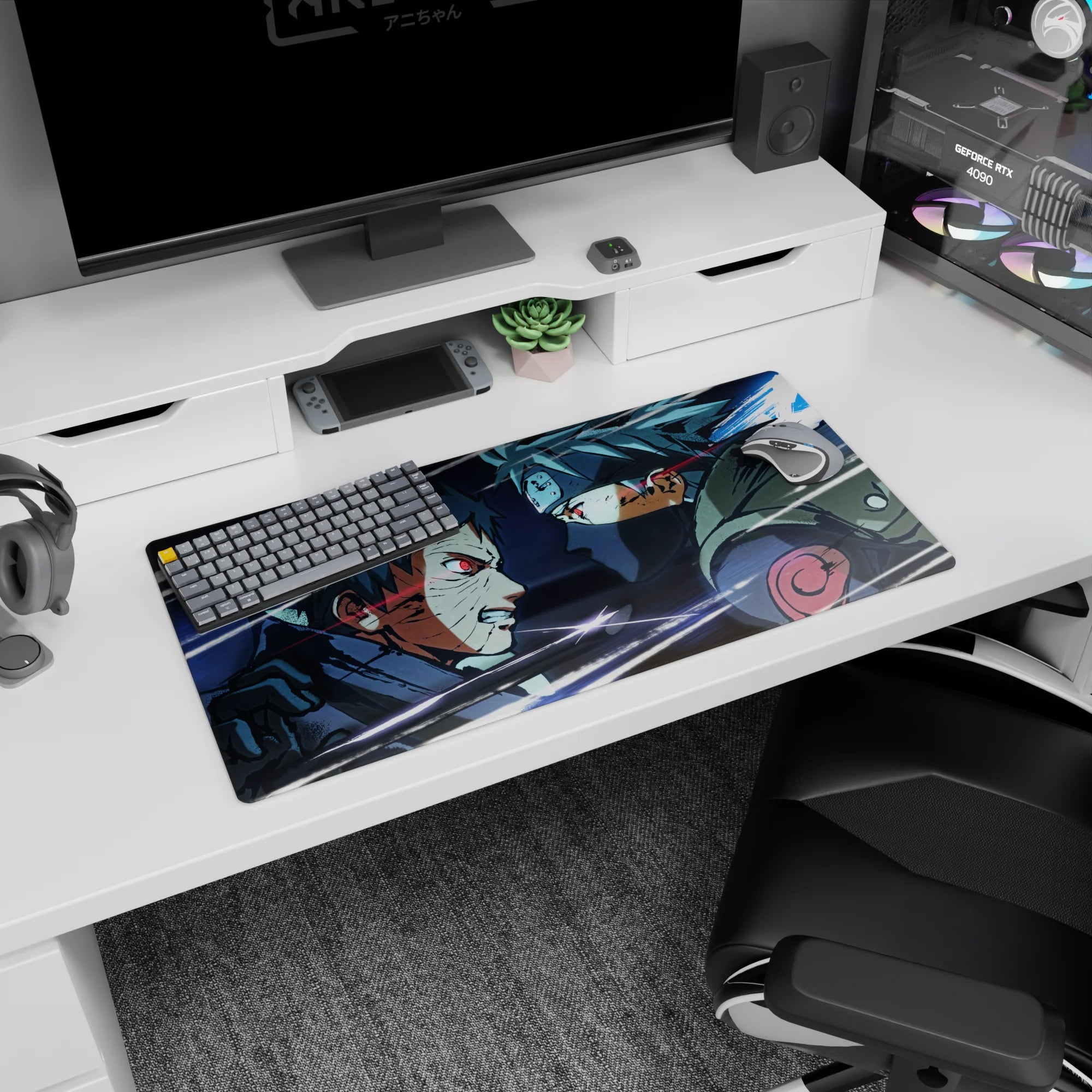 32x16 inches Naruto Shippuden mouse pad showing Obito Uchiha vs Kakashi Hatake, glowing Sharingan clash.