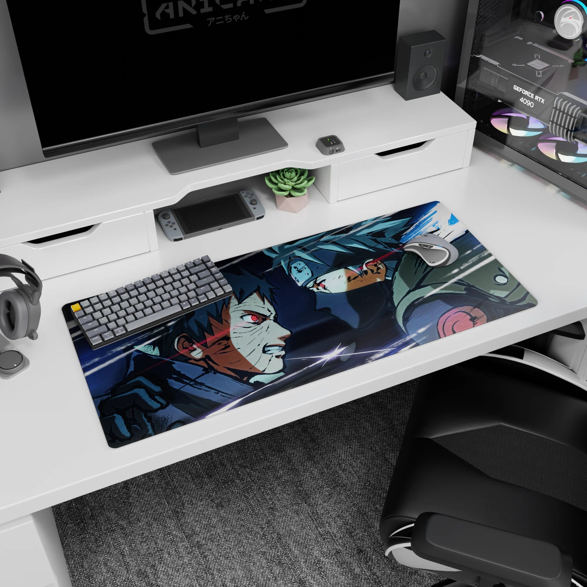 36x16 inches Naruto Shippuden desk pad of Obito Uchiha vs Kakashi Hatake at point-blank range.