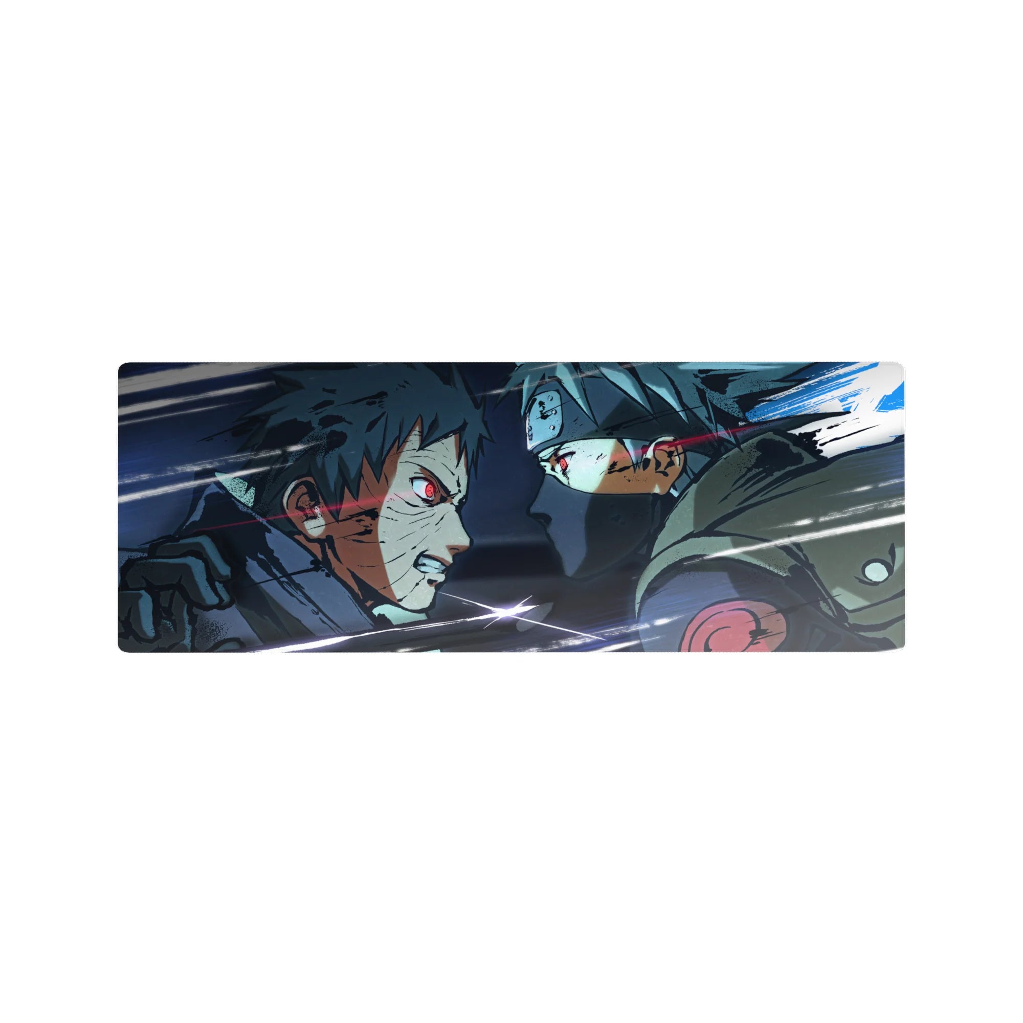 32x12 inches anime mouse pad with gritty linework, scratched texture, and fast icy-blue battle streaks.