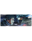 32x12 inches anime mouse pad with gritty linework, scratched texture, and fast icy-blue battle streaks.