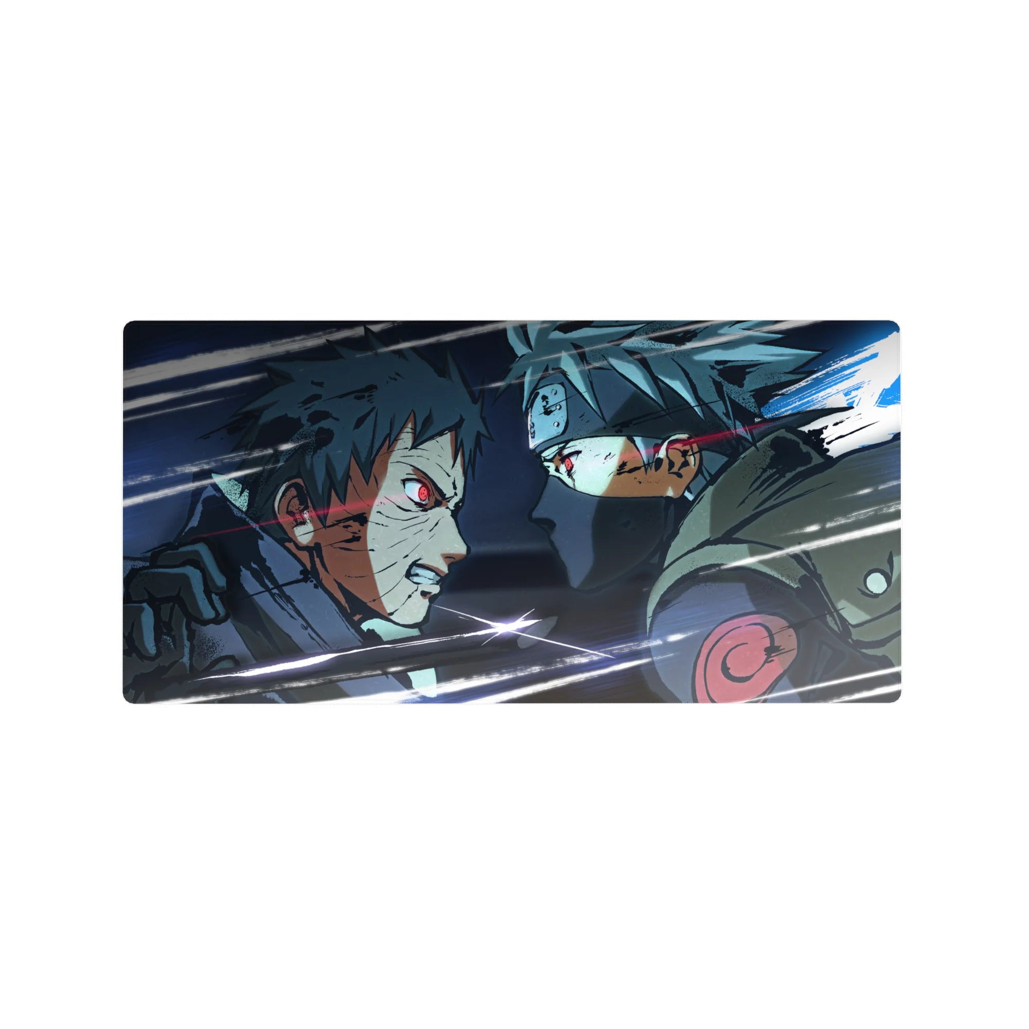 32x16 inches anime mouse pad with gritty linework, scratched textures, and fast white streaks.