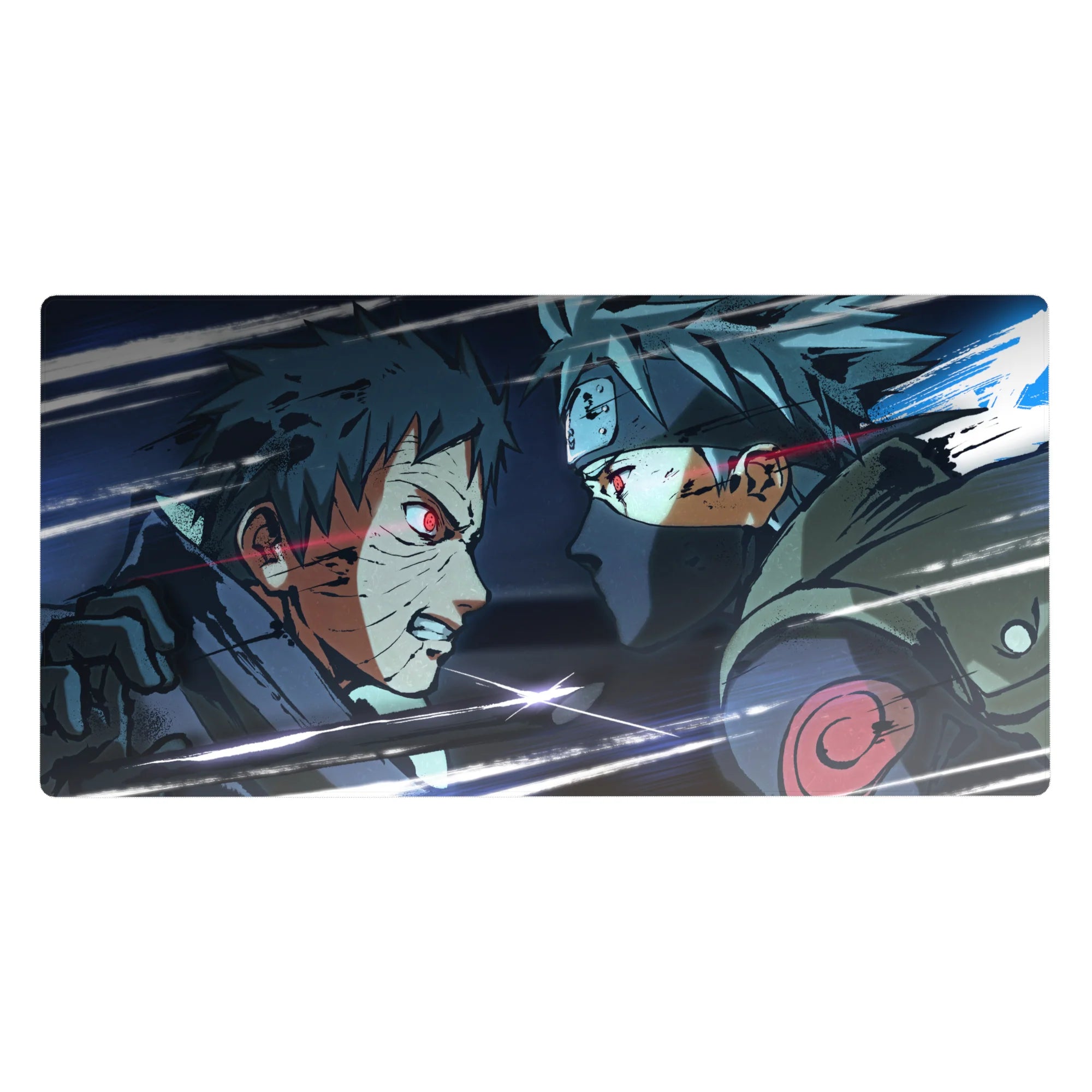 40x20 inches anime desk pad with gritty linework, scratched textures, and fast action streaks.