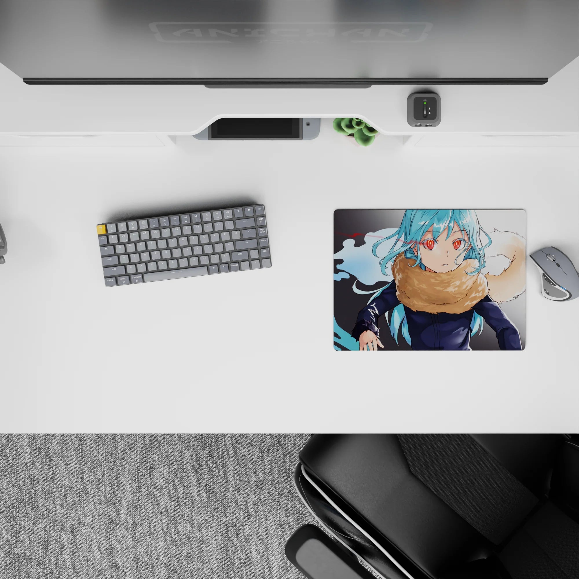 Calm yet intense 14x10 inches anime mouse pad in cool aqua, bright crimson, electric blue, shadowy streaks.