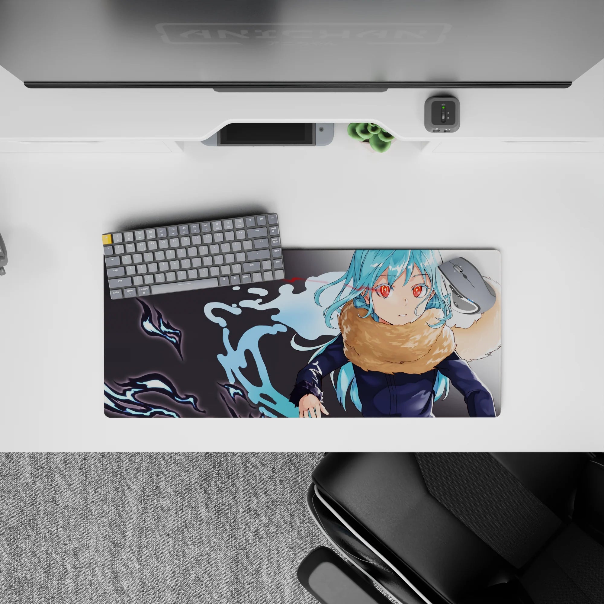 28x12 inches anime mouse pad in cool aqua and electric blue with crimson accents, calm yet intense vibe.