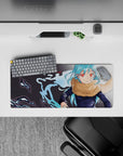 28x12 inches anime mouse pad in cool aqua and electric blue with crimson accents, calm yet intense vibe.