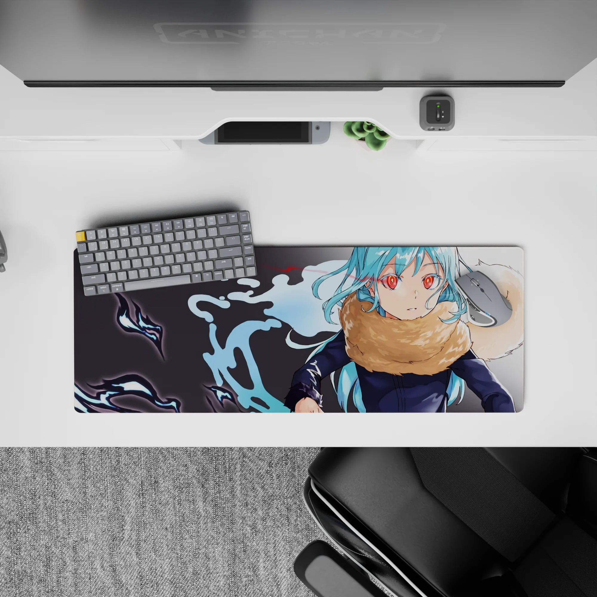 32x12 inches anime mouse pad in cool aqua and electric blue with calm, intense mood and crisp linework.