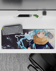 32x12 inches anime mouse pad in cool aqua and electric blue with calm, intense mood and crisp linework.
