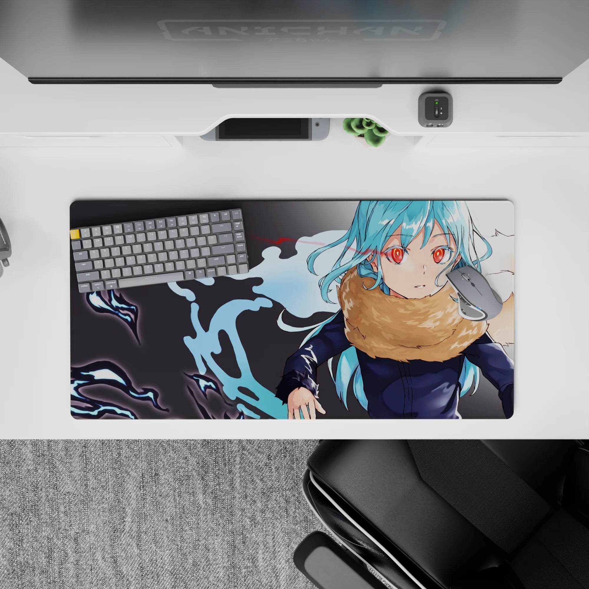 32x16 inches anime mouse pad in cool aqua and crimson tones with electric blue splashes and inky shadows.