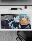 32x16 inches anime mouse pad in cool aqua and crimson tones with electric blue splashes and inky shadows.
