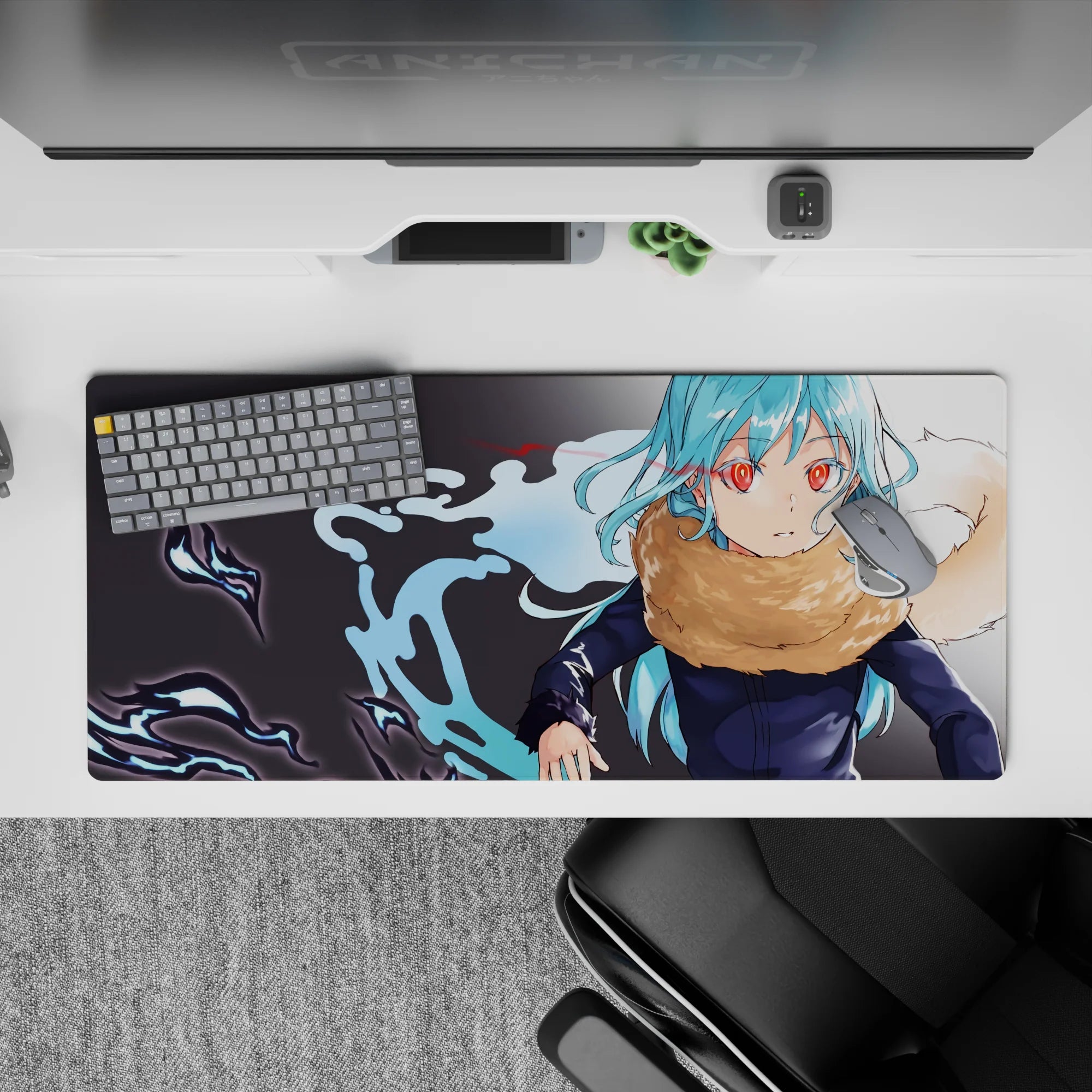 Calm intense 36x16 inches anime desk pad in aqua, crimson, tan, and electric blue with crisp linework.