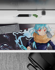 Calm intense 36x16 inches anime desk pad in aqua, crimson, tan, and electric blue with crisp linework.