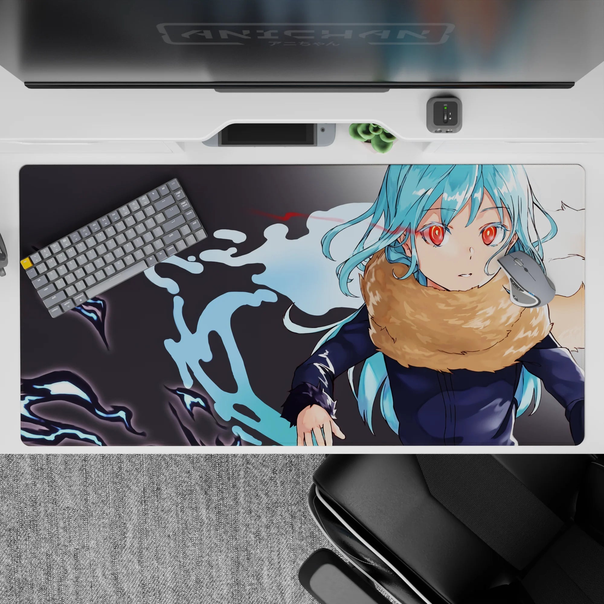 Calm yet intense 40x20 inches anime desk pad in aqua, crimson, tan, with electric blue and dark swirls.