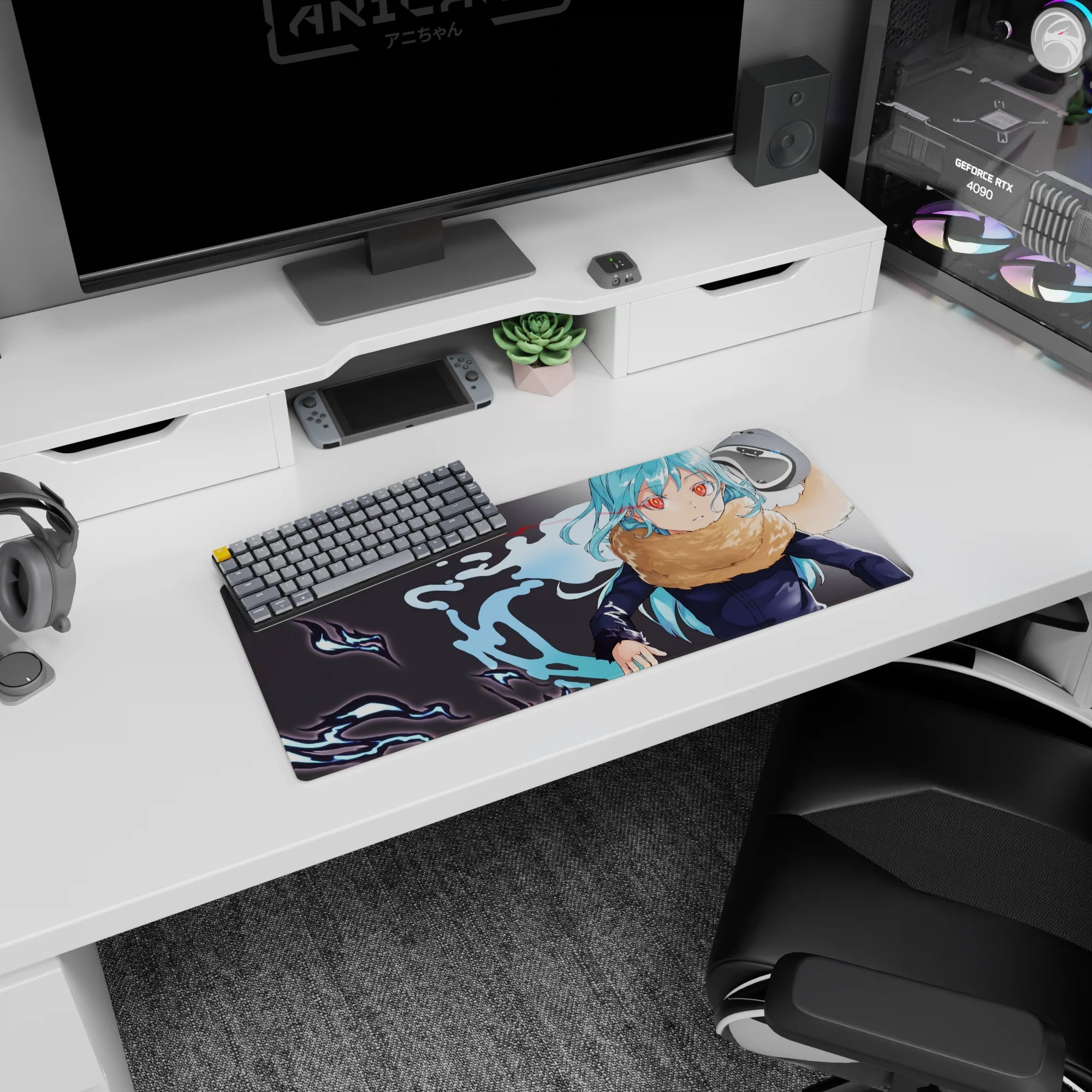 28x12 inches anime mouse pad featuring a confident aqua-haired girl in a fluffy tan scarf, swirling shadow ink.