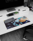 28x12 inches anime mouse pad featuring a confident aqua-haired girl in a fluffy tan scarf, swirling shadow ink.