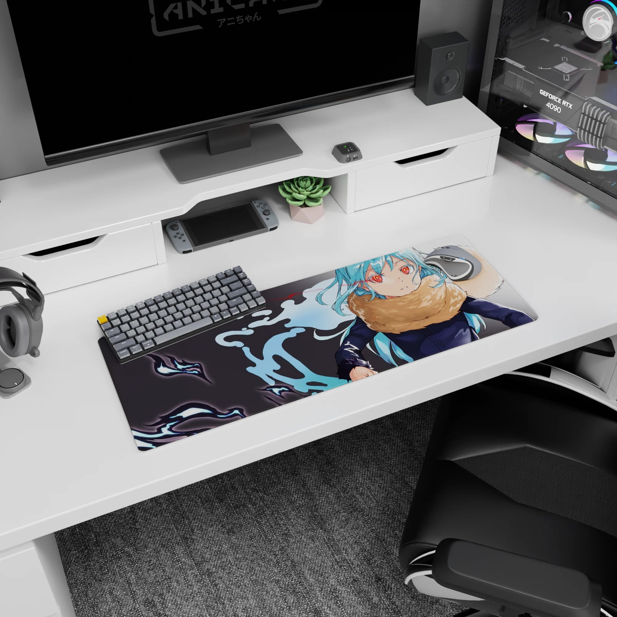 32x12 inches anime mouse pad featuring a scarfed anime girl in dark uniform, confident pose, blue swirls.