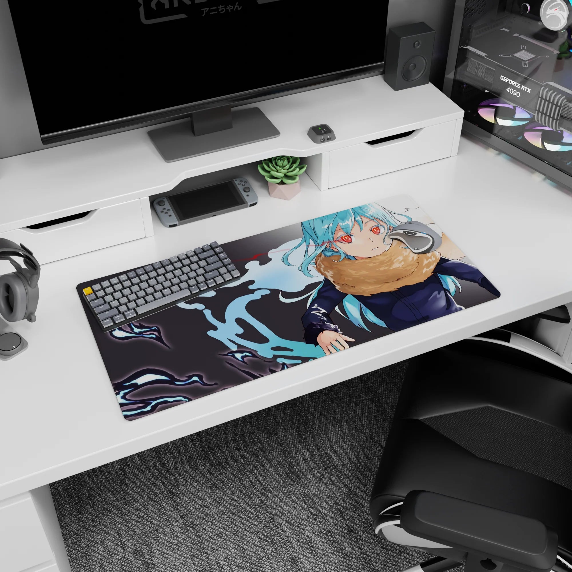 32x16 inches anime mouse pad featuring a calm, confident girl in a fluffy tan scarf with swirling ink backdrop.
