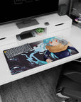32x16 inches anime mouse pad featuring a calm, confident girl in a fluffy tan scarf with swirling ink backdrop.