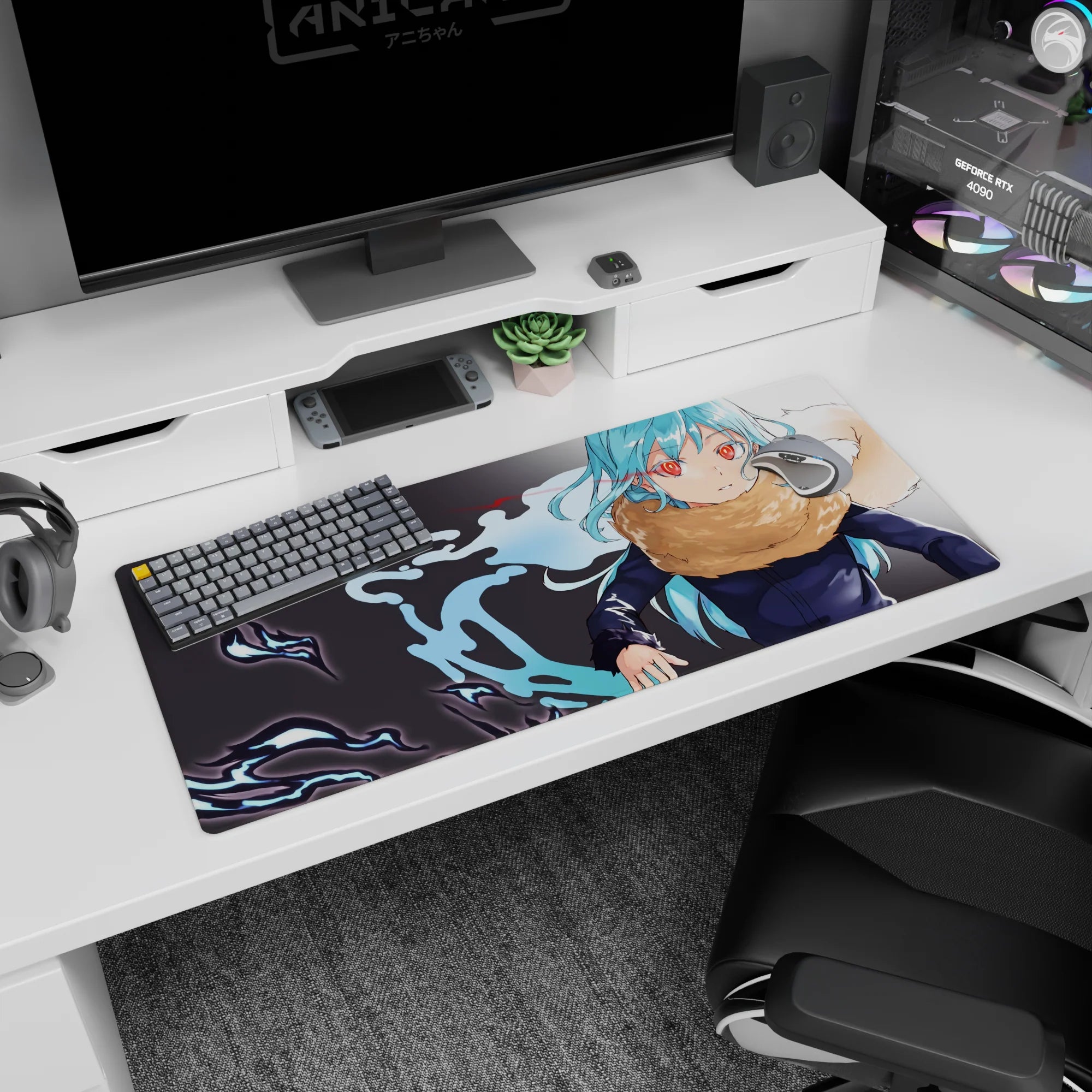 36x16 inches anime desk pad featuring a poised aqua-haired girl in dark uniform jacket and fluffy tan scarf.