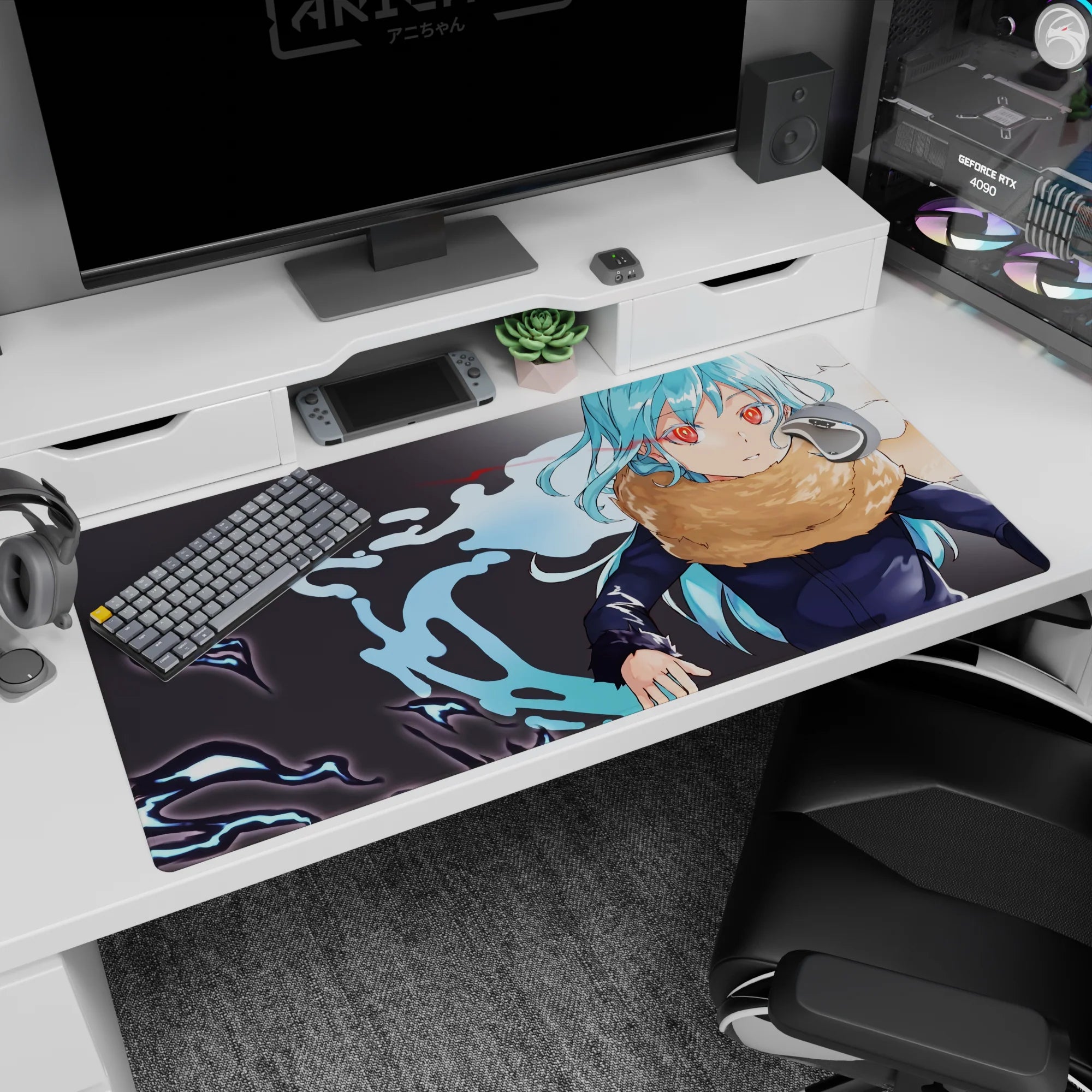 40x20 inches anime desk pad featuring a crimson-eyed girl in a dark uniform jacket and fluffy tan scarf.