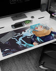 40x20 inches anime desk pad featuring a crimson-eyed girl in a dark uniform jacket and fluffy tan scarf.