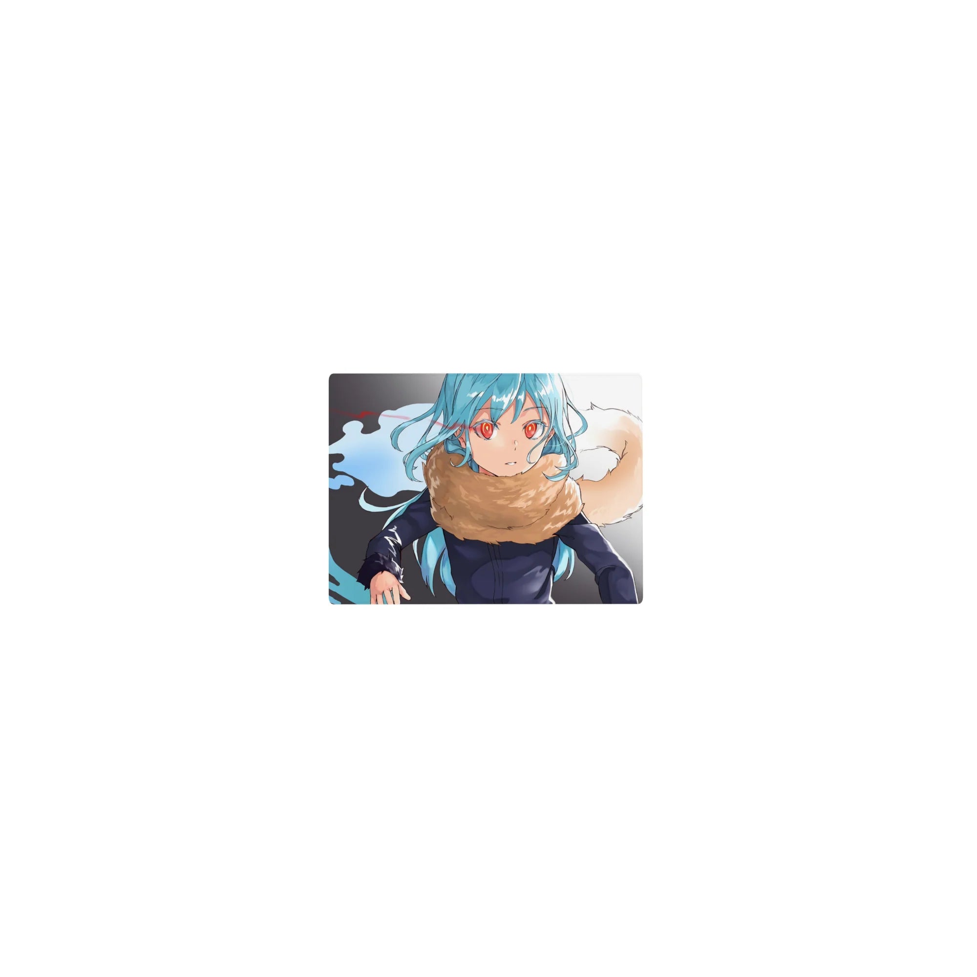 Classic anime mouse pad 14x10 inches with aqua-haired girl, crimson eyes, tan scarf, ink-splash backdrop.