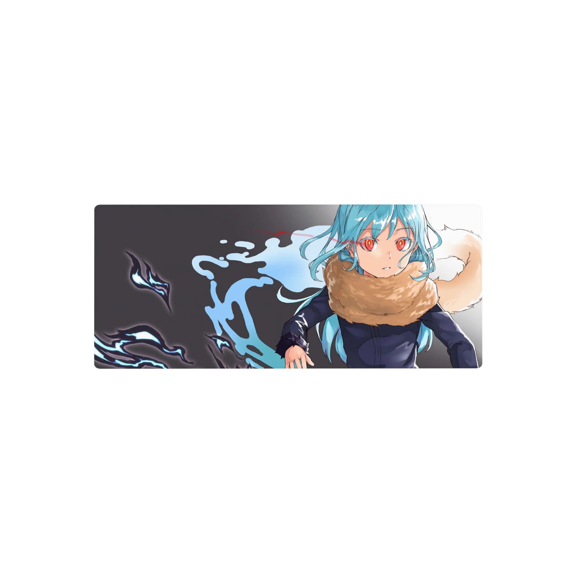 28x12 inches anime mouse pad with aqua-haired girl, crimson eyes, tan scarf, dark uniform, ink-splash backdrop.