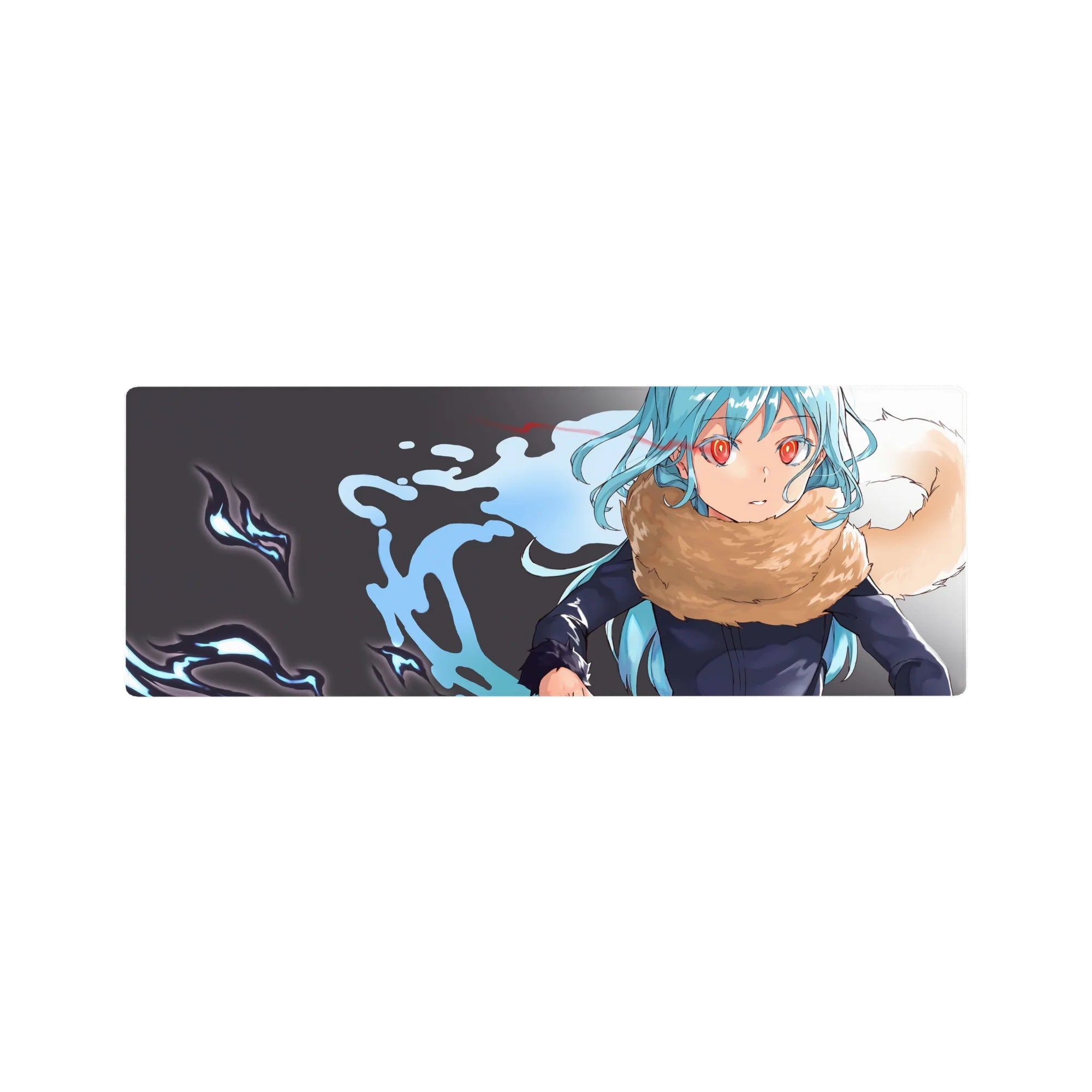32x12 inches anime mouse pad with aqua-haired girl, crimson eyes, tan scarf, and inky blue backdrop.