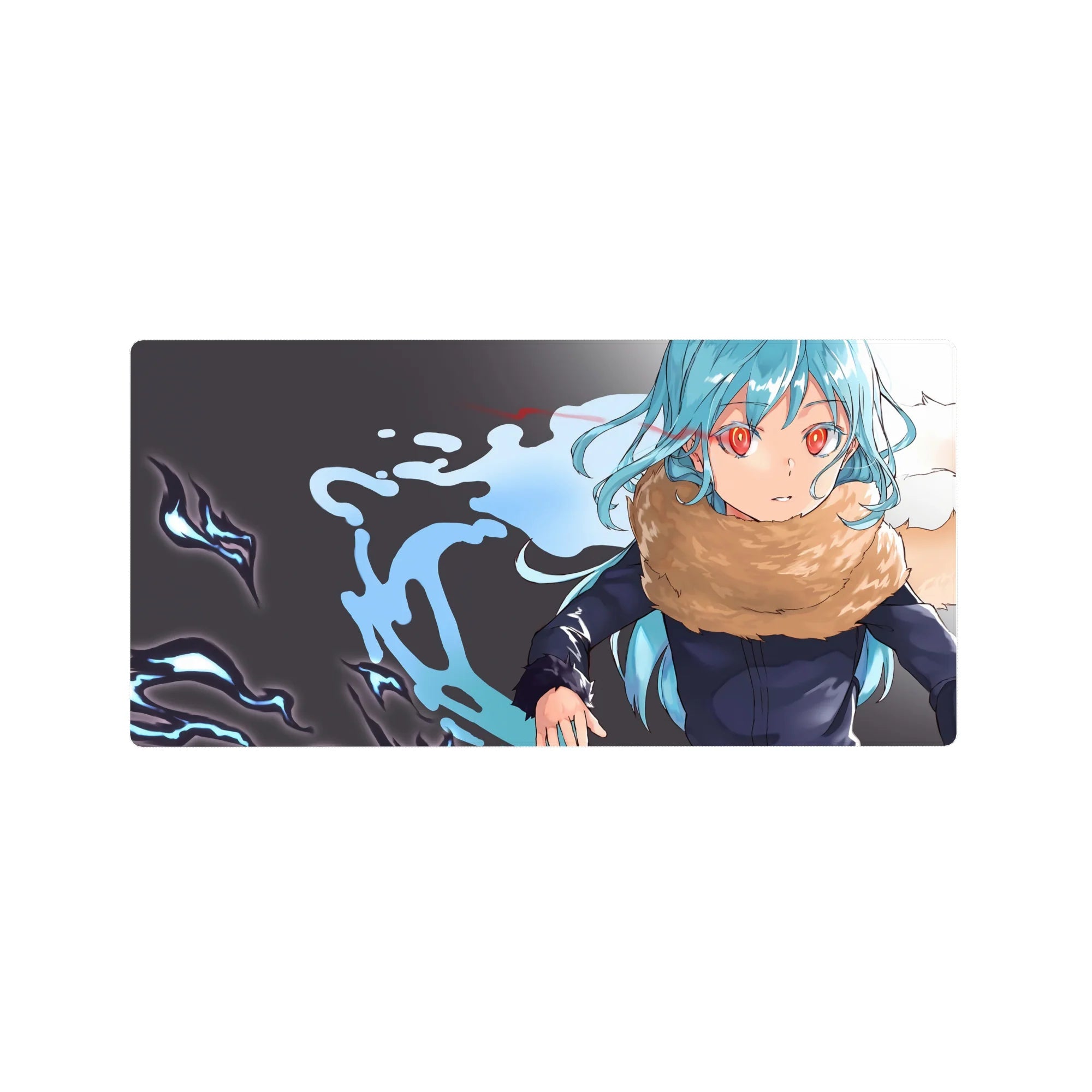 32x16 inches anime mouse pad with aqua-haired girl, crimson eyes, tan scarf, and sleek dark uniform.