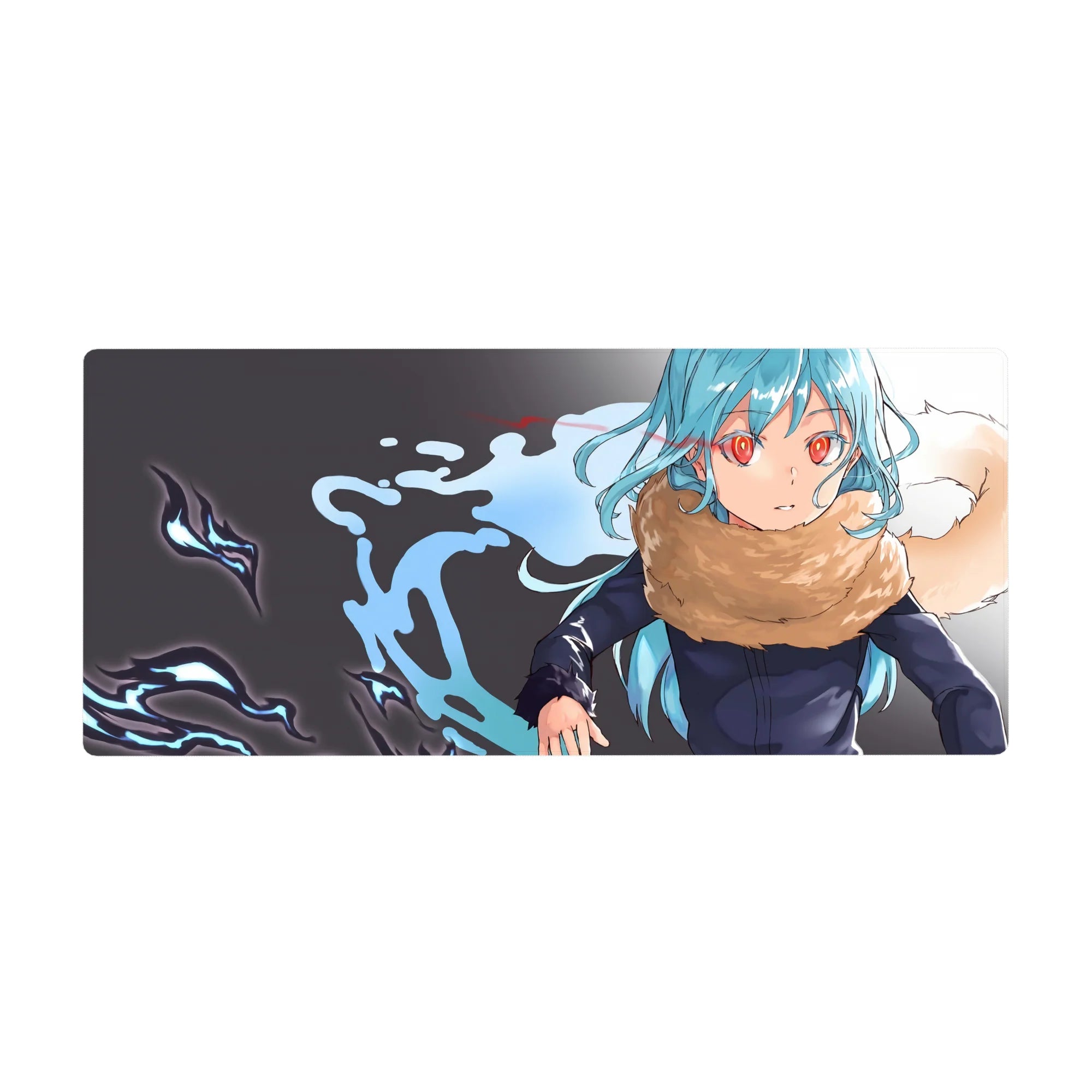 Anime desk pad 36x16 inches with aqua-haired girl, crimson eyes, tan scarf, and ink-splash backdrop.