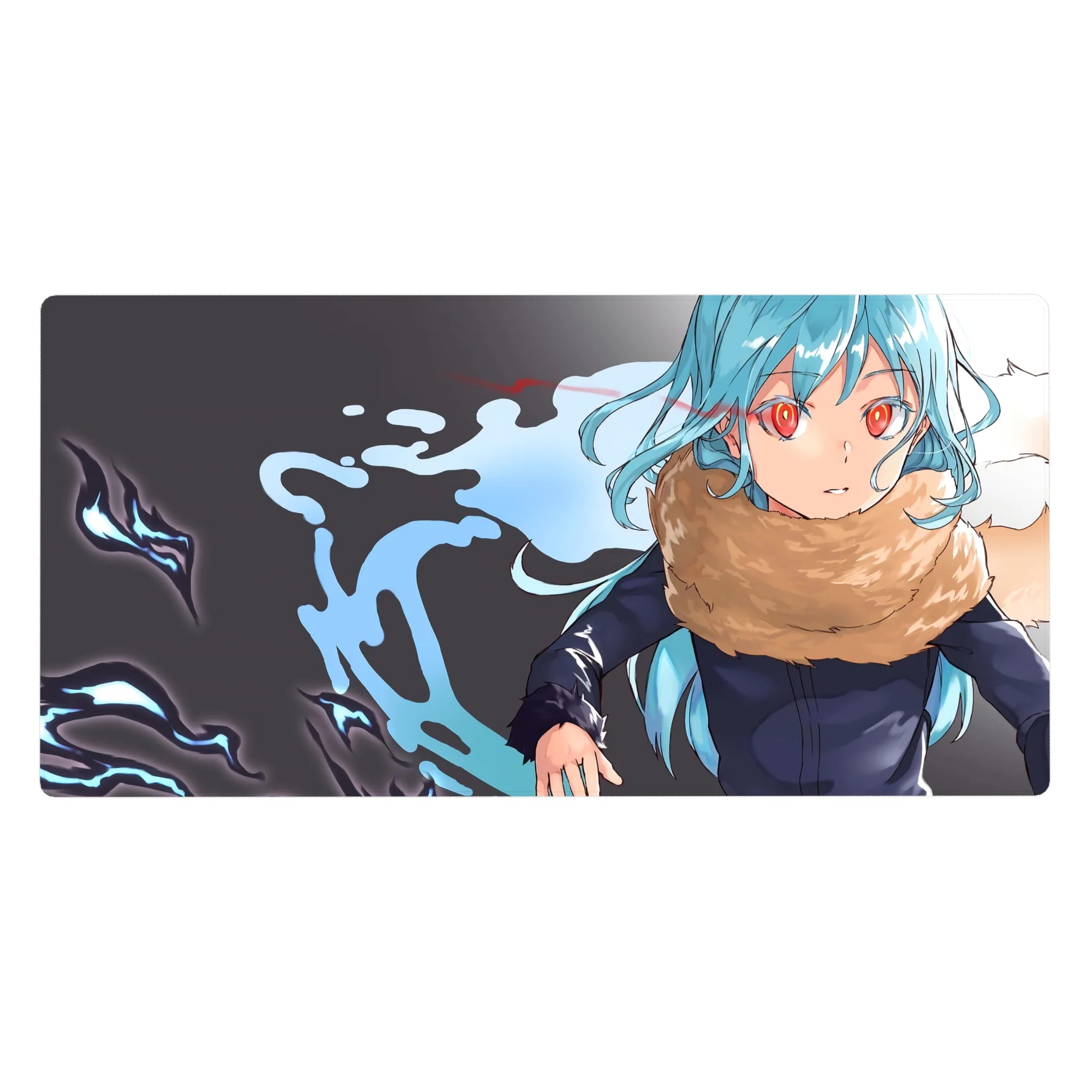 Anime desk pad 40x20 inches with aqua-haired girl, crimson eyes, tan scarf, and ink-splash backdrop.
