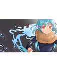 Anime desk pad 40x20 inches with aqua-haired girl, crimson eyes, tan scarf, and ink-splash backdrop.