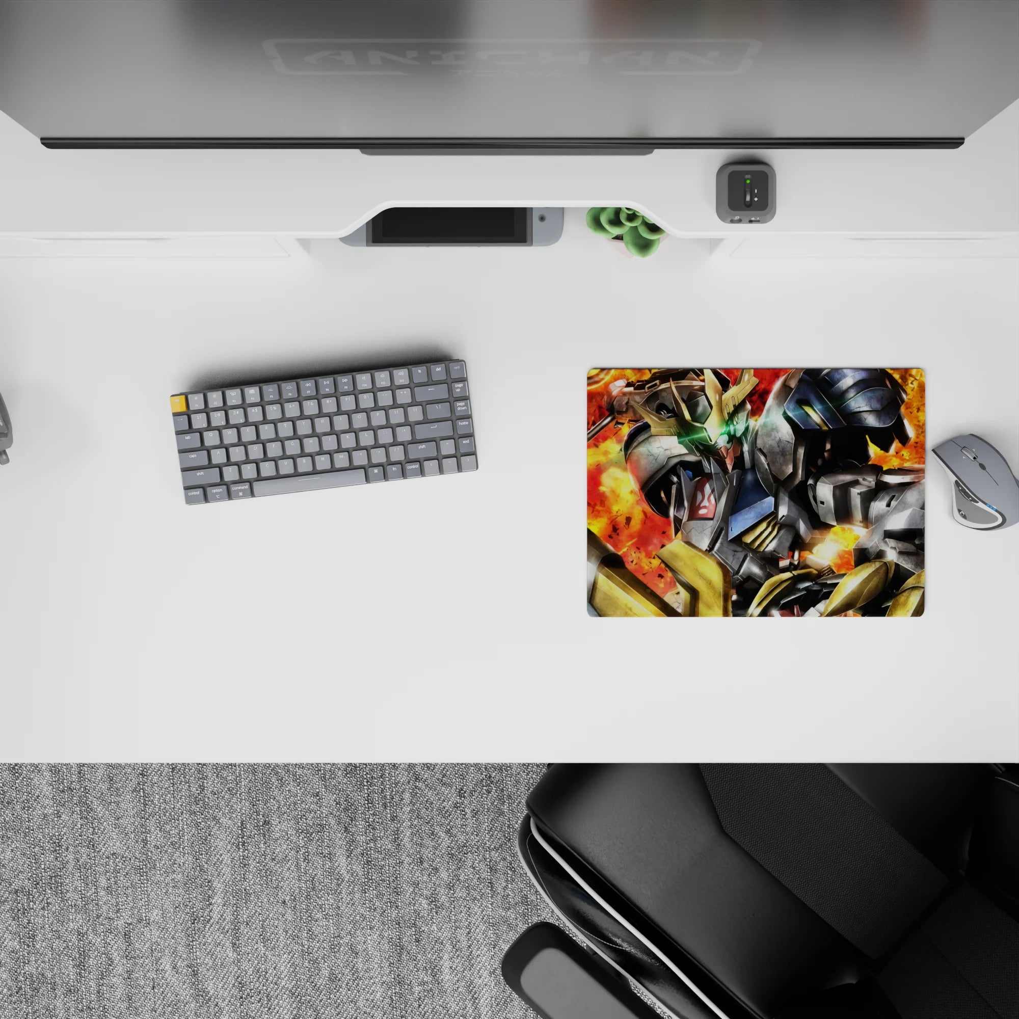 14x10 inches anime mouse pad in ember-red explosions, cracked steel tones, and gritty textures for a heroic mood.