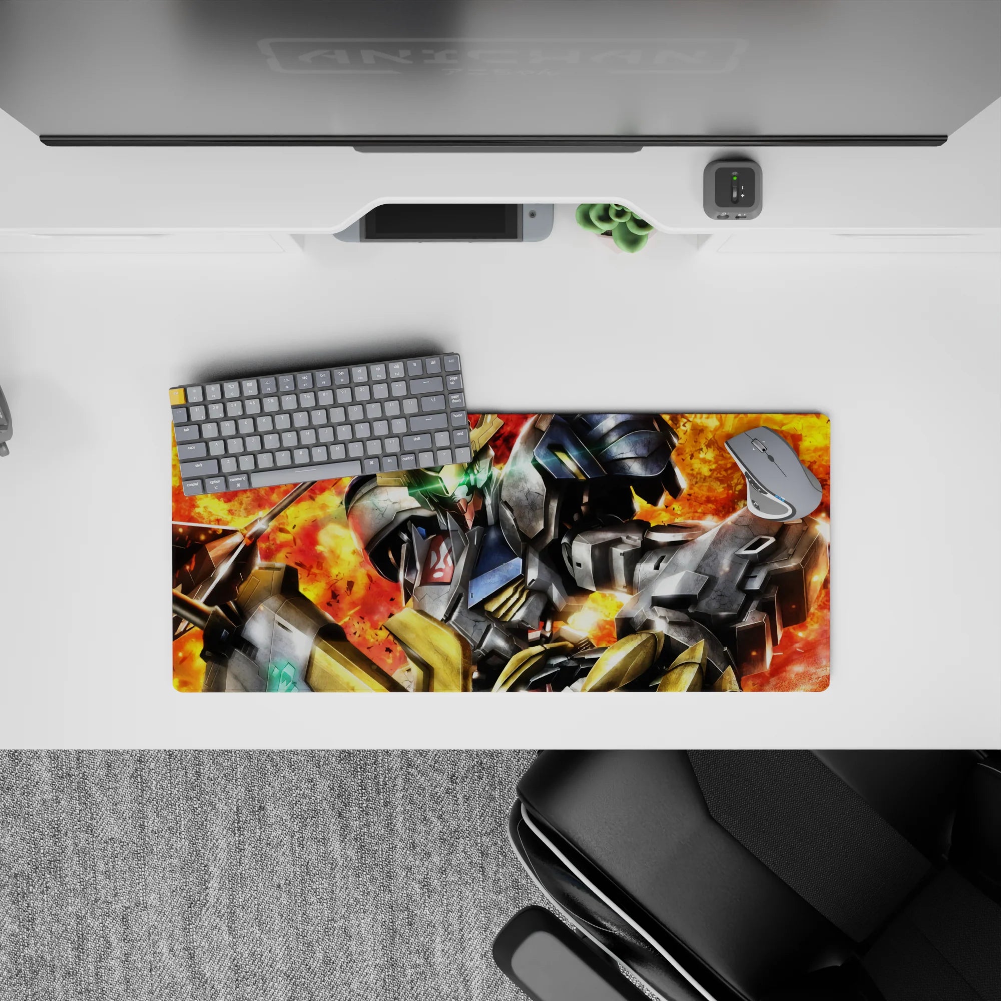 28x12 inches anime mouse pad in ember red and orange explosion tones with gritty, battle-worn textures.