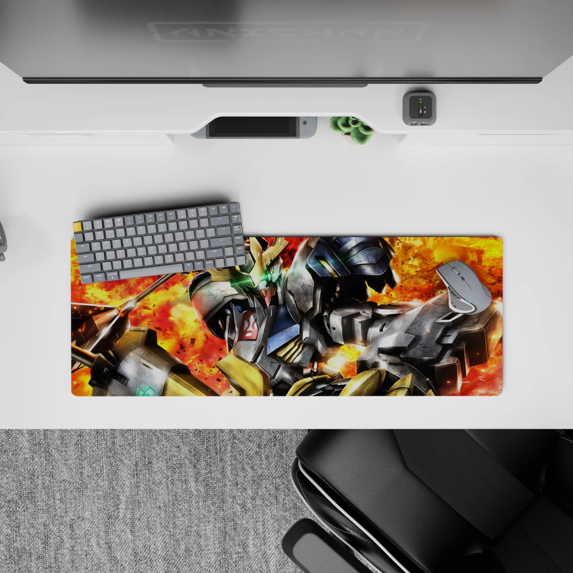 32x12 inches extended mouse pad with neon green eyes, ember-red blasts, gritty steel textures, intense mood.