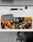 32x12 inches extended mouse pad with neon green eyes, ember-red blasts, gritty steel textures, intense mood.