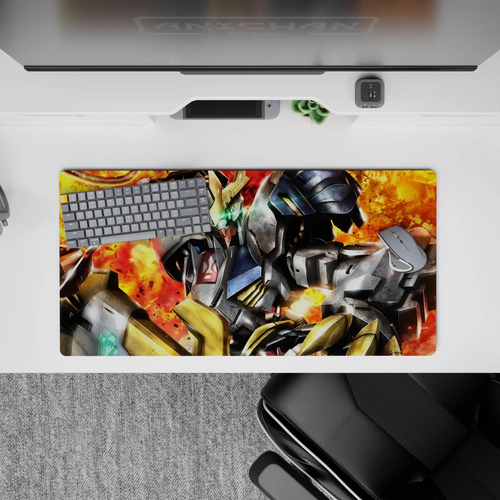 32x16 inches anime mouse pad in ember red and orange explosion tones with gritty, heroic sci-fi vibe.