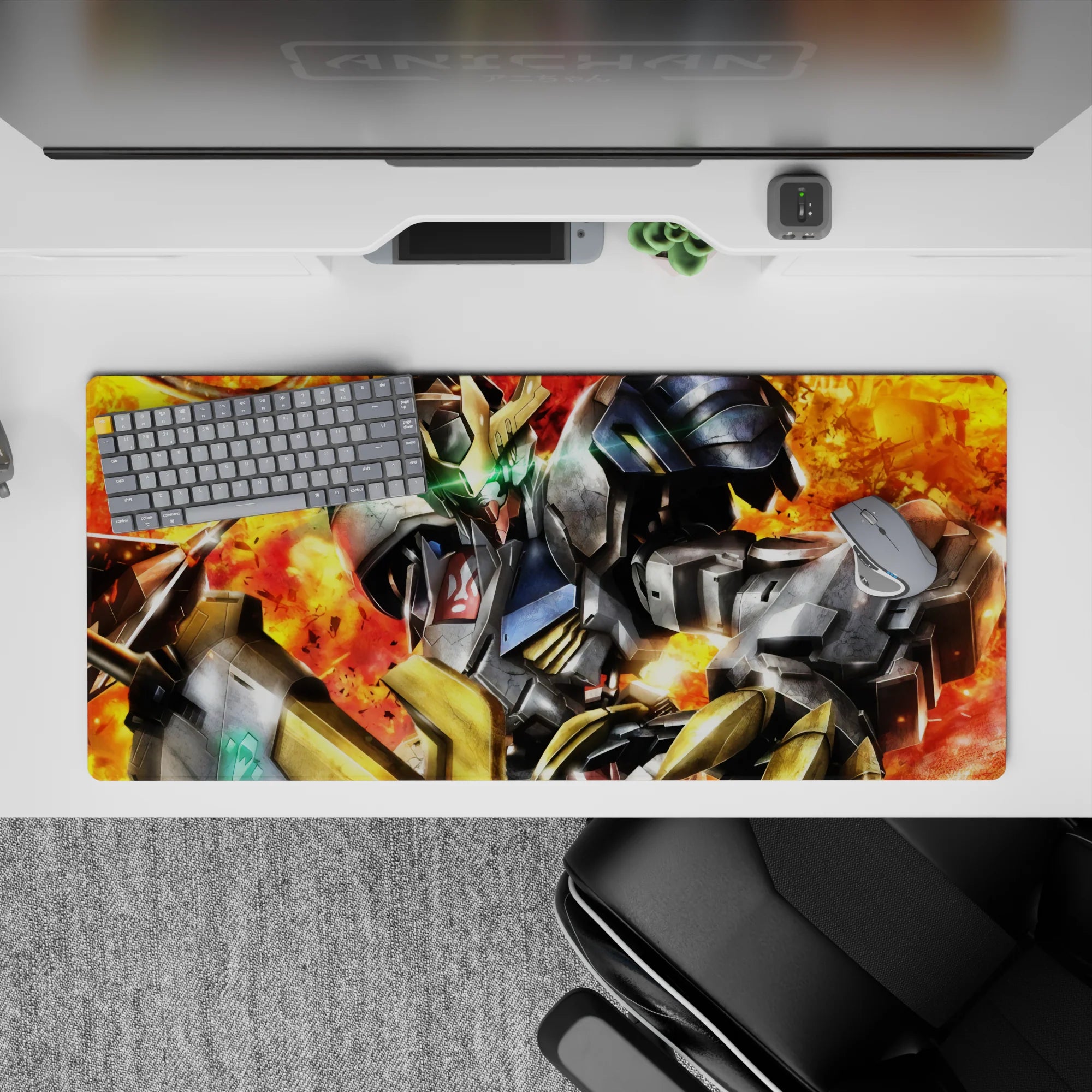 36x16 inches anime desk pad in ember-red and orange explosions with neon green eyes and gritty textures.