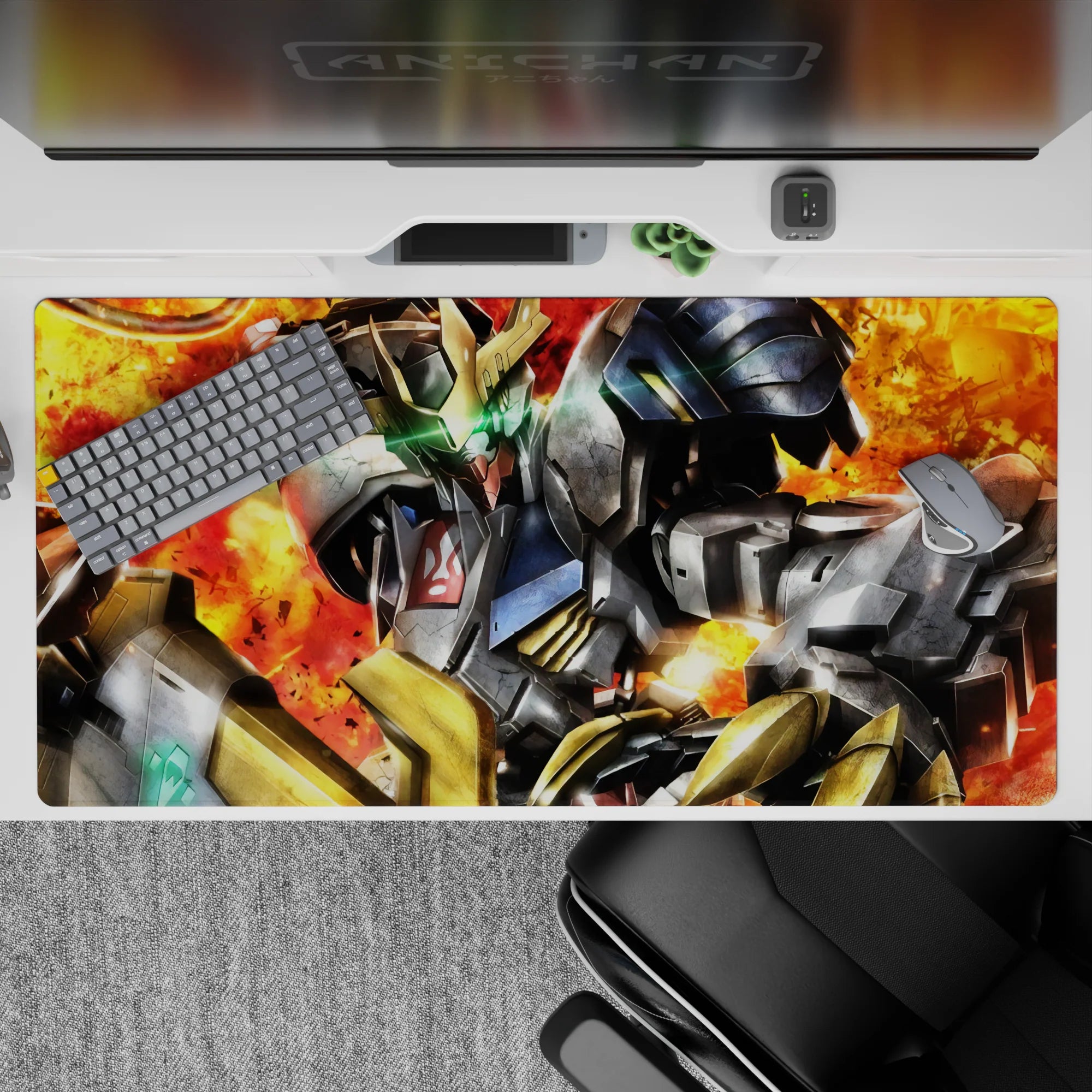 40x20 inches anime desk pad in gritty orange ember explosions, dark steel tones, and glowing green accents.