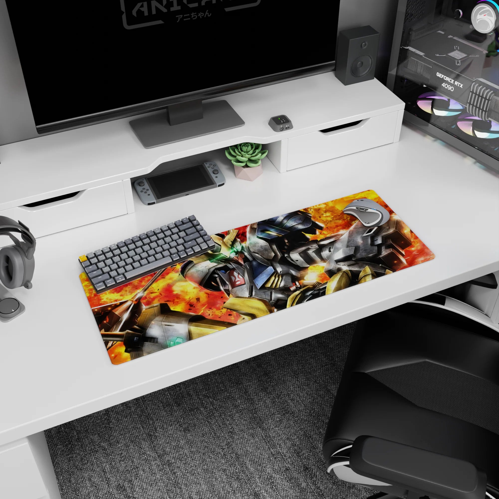 32x12 inches desk mat featuring Gundam Barbatos from Iron-Blooded Orphans amid orange explosions and smoke.
