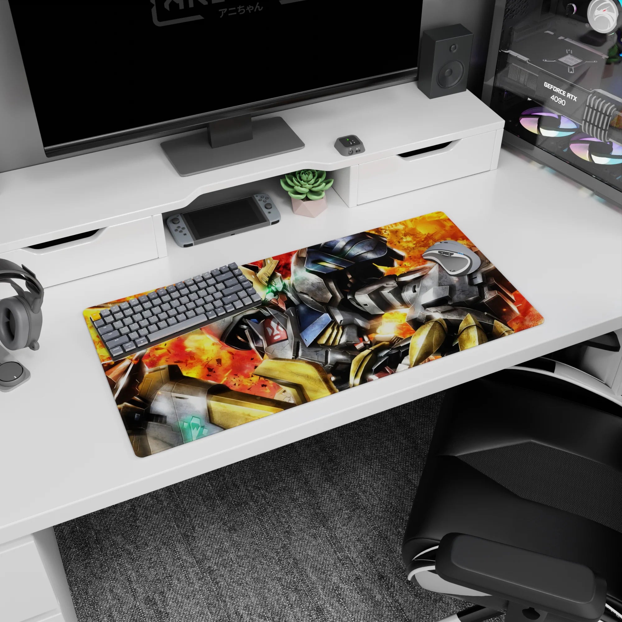 32x16 inches Gundam Barbatos mouse pad from Iron-Blooded Orphans, neon green eyes against fiery blasts.